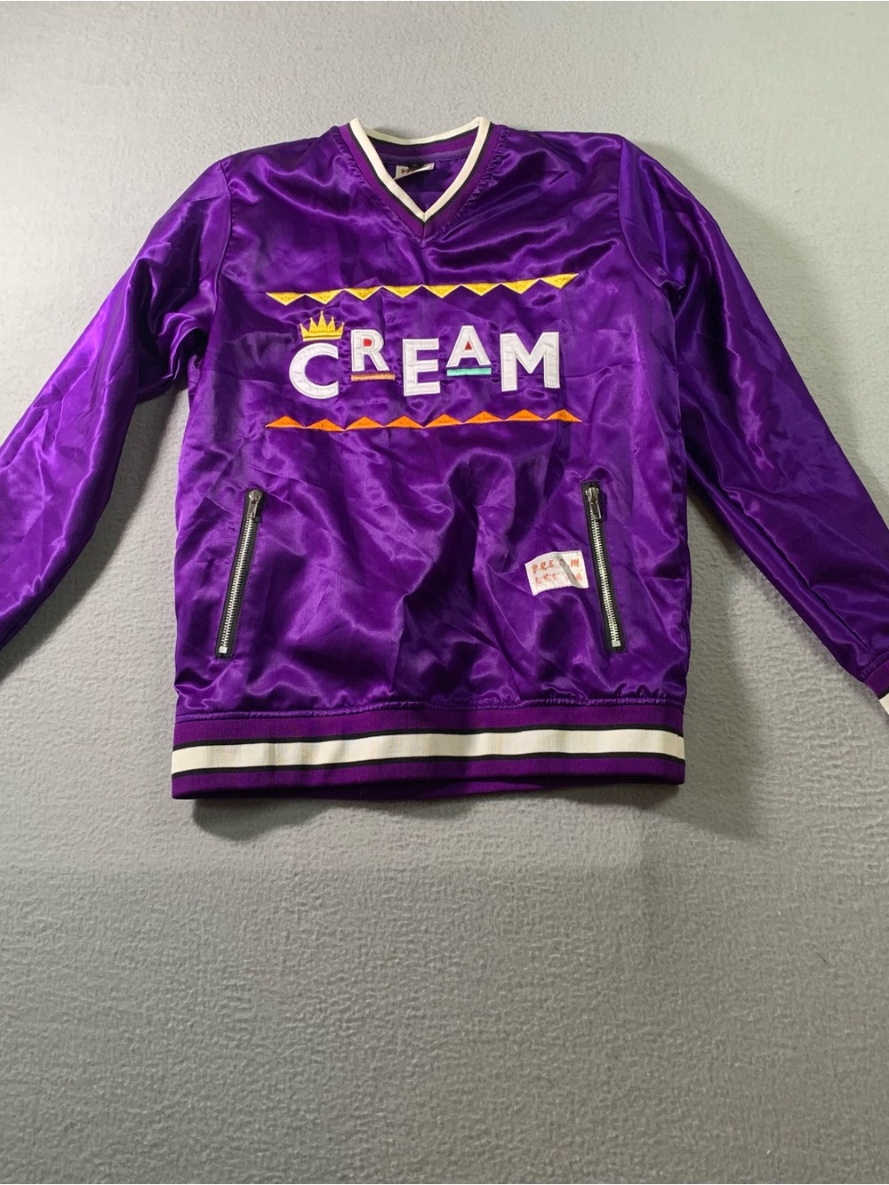 Cream Purple Satin Bomber Jacket with Logo size S